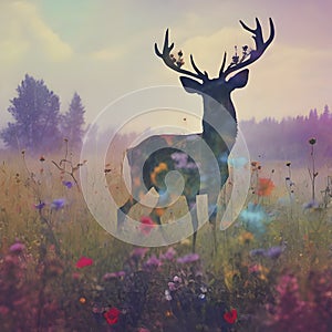 Deer silhouette with a wildflower field. AI-Generated.