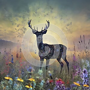 Deer silhouette with a wildflower field. AI-Generated.