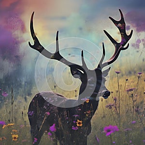 Deer silhouette with a wildflower field. AI-Generated.