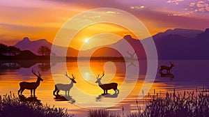 Deer silhouettes against sunset backdrop, wild animals in natural landscape, Ai Generated