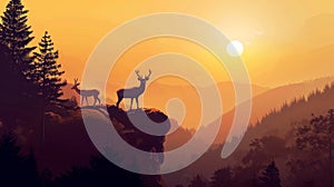 Deer silhouettes against sunset backdrop, wild animals in natural landscape, Ai Generated