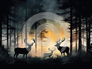 Deer silhouettes in a misty forest