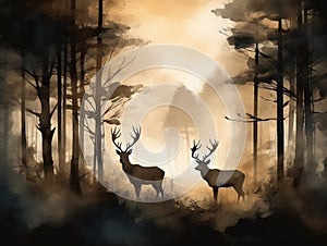 Deer silhouettes in a misty forest