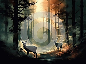 Deer silhouettes in a misty forest