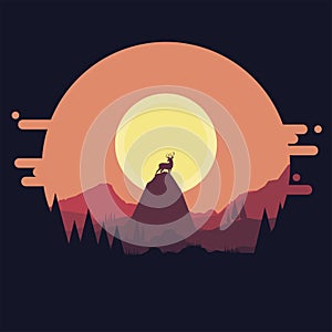 Deer silhouettes Vector illustration: Flat mountains landscape with hills,sunset, sunrise, pine and silhouette of deer