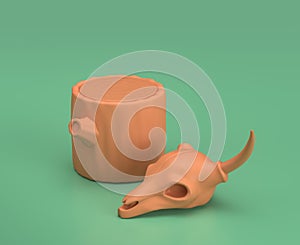 A deer skull near the tree stump on the ground in green background. Single flat color outdoor, 3d rendering