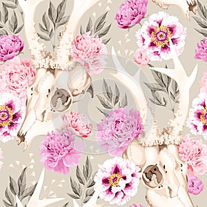 Deer skulls and flowers seamless background