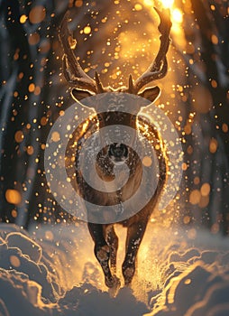 Deer in the snow at sunset. Winter Christmas artistic image.
