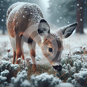 Deer in Snowy Field Grazing During Winter