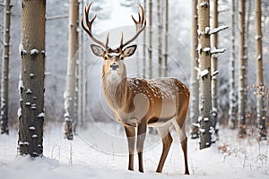 Deer in snowy forest, winter background. Generative AI
