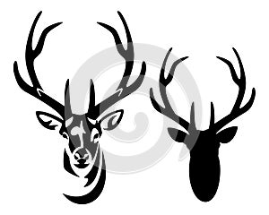 Deer stag with big antlers black and white vector portrait