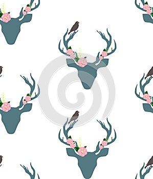 Deer,stag flower and bird seamless pattern
