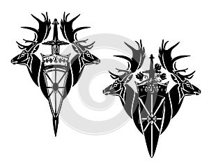 Deer stag heads and royal heraldic shield with crown and sword black and white vector design set