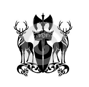 Deer stag with viking battle axe, rose flowers and royal crown black and white vector heraldic design