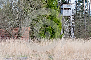 A deer stand in front of a meadow in the Natural Reserve schoenbuch in Germany