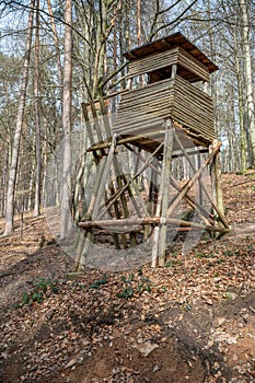 Deer stand made of wood in the woods, standing on a hill, low angle view, forest in the background, vertical shot