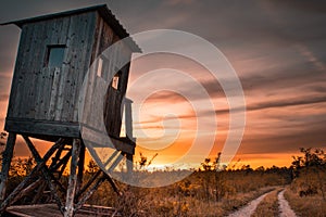 Deer stand (tree stand) beside field and forest at sunset light
