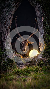 Deer standing by fire at night