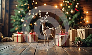 A deer is standing in front of a Christmas tree with gifts underneath it.