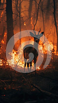 Deer Standing in Front of a Fire in the Woods