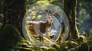 Deer standing in front of Trees in a green Forest. Sunlight falling through the Leaves.