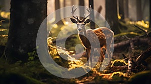 Deer standing in front of Trees in a green Forest. Sunlight falling through the Leaves.