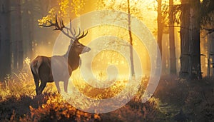 A deer stands in a field of autumn leaves by AI generated image
