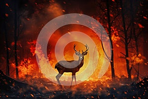 A deer stands in front of a fiery forest, highlighting the urgency of environmental issues like forest fires