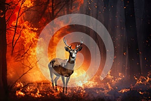 A deer stands in front of a raging fire in the woods, highlighting the danger of forest fires for wildlife