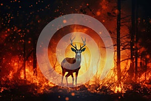 A deer stands in front of a raging fire in the woods, highlighting the danger of forest fires for wildlife