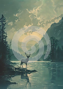 A deer stands on a rock in the river, framed by a natural landscape at dusk