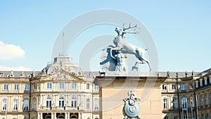 Deer statue, Neues Schloss behind the fountain, domicile of the Ministry of Finance, palace in Schlossplatz square