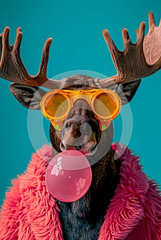 Deer in sunglasses and fur coat inflates bubble gum.