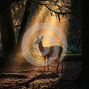 The deer with sunlight casting dramatic shadows on the forest