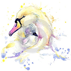 Deer T-shirt graphics, deer illustration with splash watercolor textured background.Swan T-shirt graphics, Swan illustration with