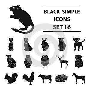 Deer, tiger, cow, cat, rooster, owl and other animal species.Animals set collection icons in black style vector symbol