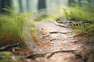 deer tracks crossing a forest path dotted with ferns