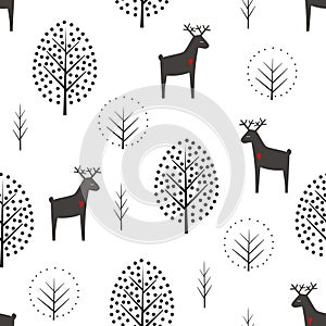 Deer and trees seamless pattern on white background.