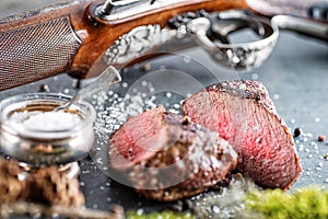 Deer or venison steak with antique long gun and ingredients like sea salt and pepper, food background for restaurant or hunting lo