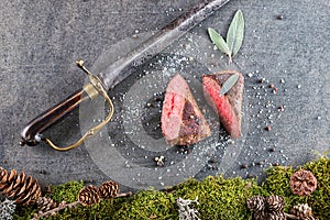 Deer or venison steak with ingredients like sea salt, herbs and pepper and antique saber, food background for restaurant or huntin