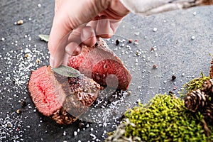 Deer or venison steak with ingredients like sea salt, herbs and pepper and hand chef, food background for restaurant or hunting lo