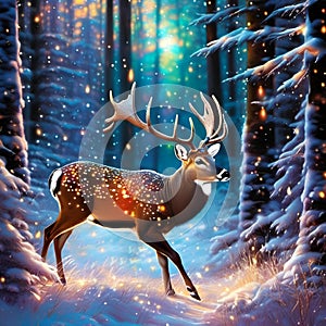 a deer that is walking through the snow covered forest with the stars shining down