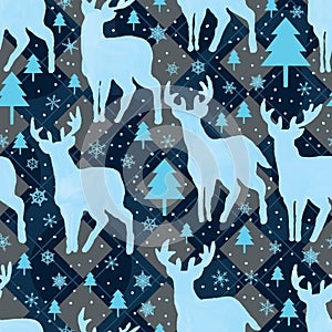 Deer watercolor blue snowflake seamless pattern