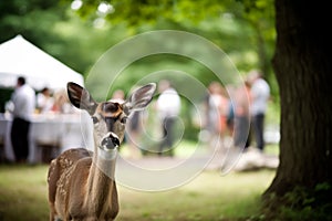 a deer at a wedding with flowers came to congratulate the bride and groom. A wedding ceremony