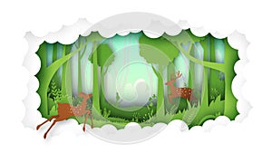 Deer willdlife in green jungle tropical rain forest nature landscape and cloud paper art background