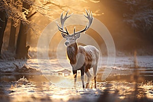 Deer in winter forest at sunset. Wildlife scene from nature,Fallow deer stag during rutting season at sunrise in winter, AI