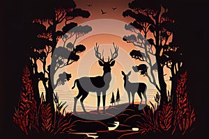 Deer and wolf sunrise background. Generative AI