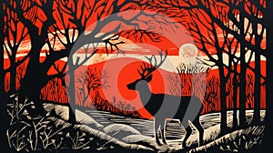 Deer In A Wooden Landscape: Linocut Print Illustration