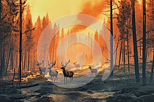 Deers escape forest fire. Generative AI