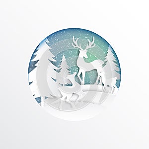 Deers family joyful on snow and winter season background.For merry christmas and happy new year paper art style.Vector illustratio